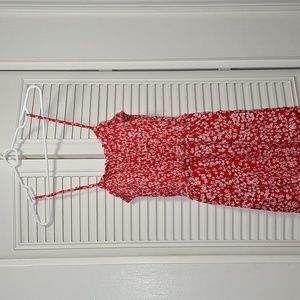 Pacific Vibes- Red and white floral spaghetti strap, maxi dress with slits (L)